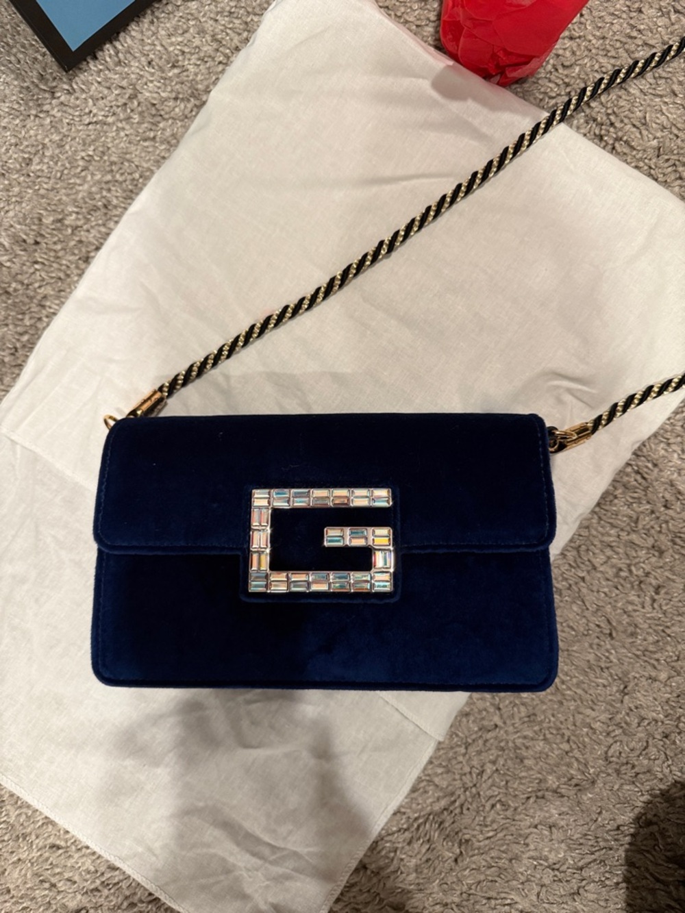 Gucci Deep Navy Velvet GG Crystal-Detail Crossbody